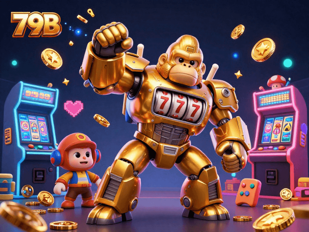 79B traz uma ilustração de cassino repleta de metais dourados, jogos eletrônicos e muita energia visual.
