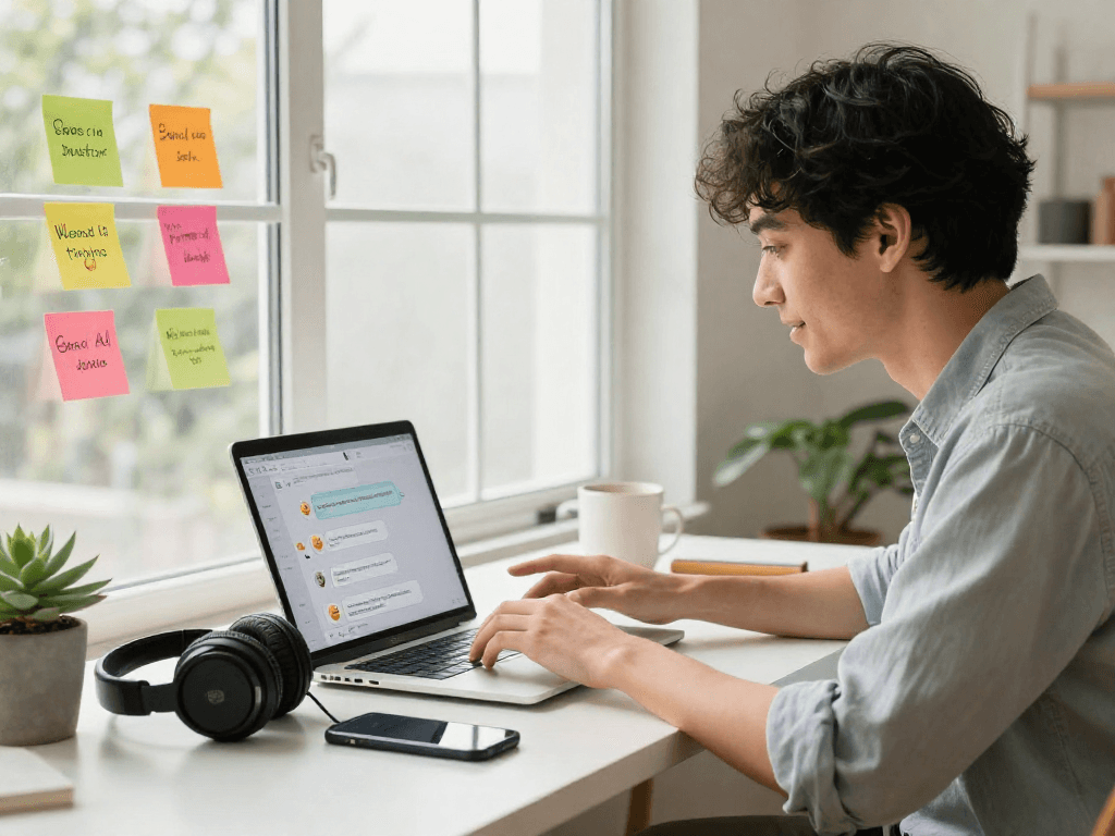 Lively home office scene showing spicy chat ai on a laptop with colorful dialogue bubbles.