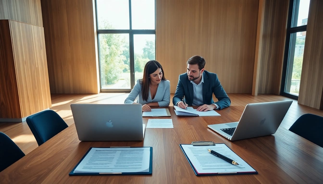 Discussing Family Law Financial Agreements amidst legal paperwork in a professional setting.