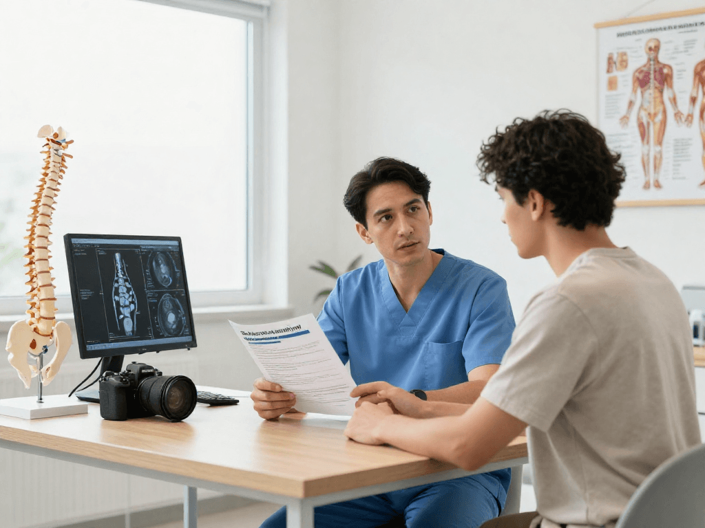Bel kayması ameliyatı consultation showing surgeon explaining treatment options to a patient in a modern medical setting.