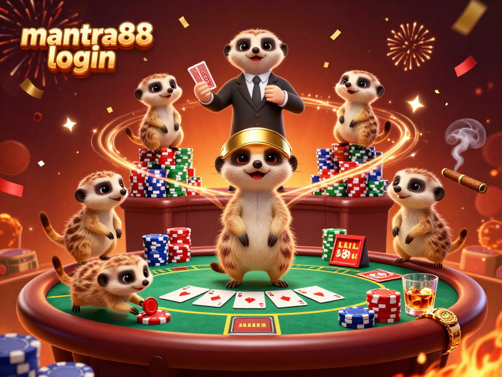 Join the excitement with mantra88 login in this vibrant casino scene of animated meerkats managing poker chips and games.