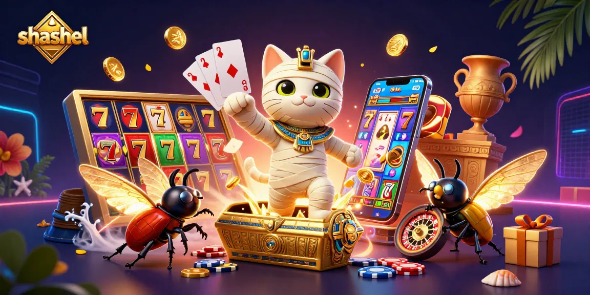 Experience shashel's vibrant casino scene with a mummy cat, glowing scarab, and dynamic slot elements.