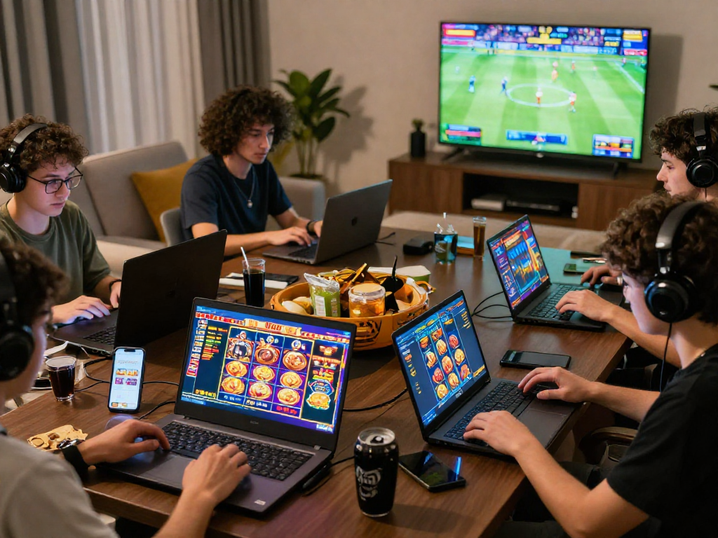 Pengalaman bermain slot88 yang seru dengan pemain menikmati permainan slot online di ruang tamu yang nyaman.