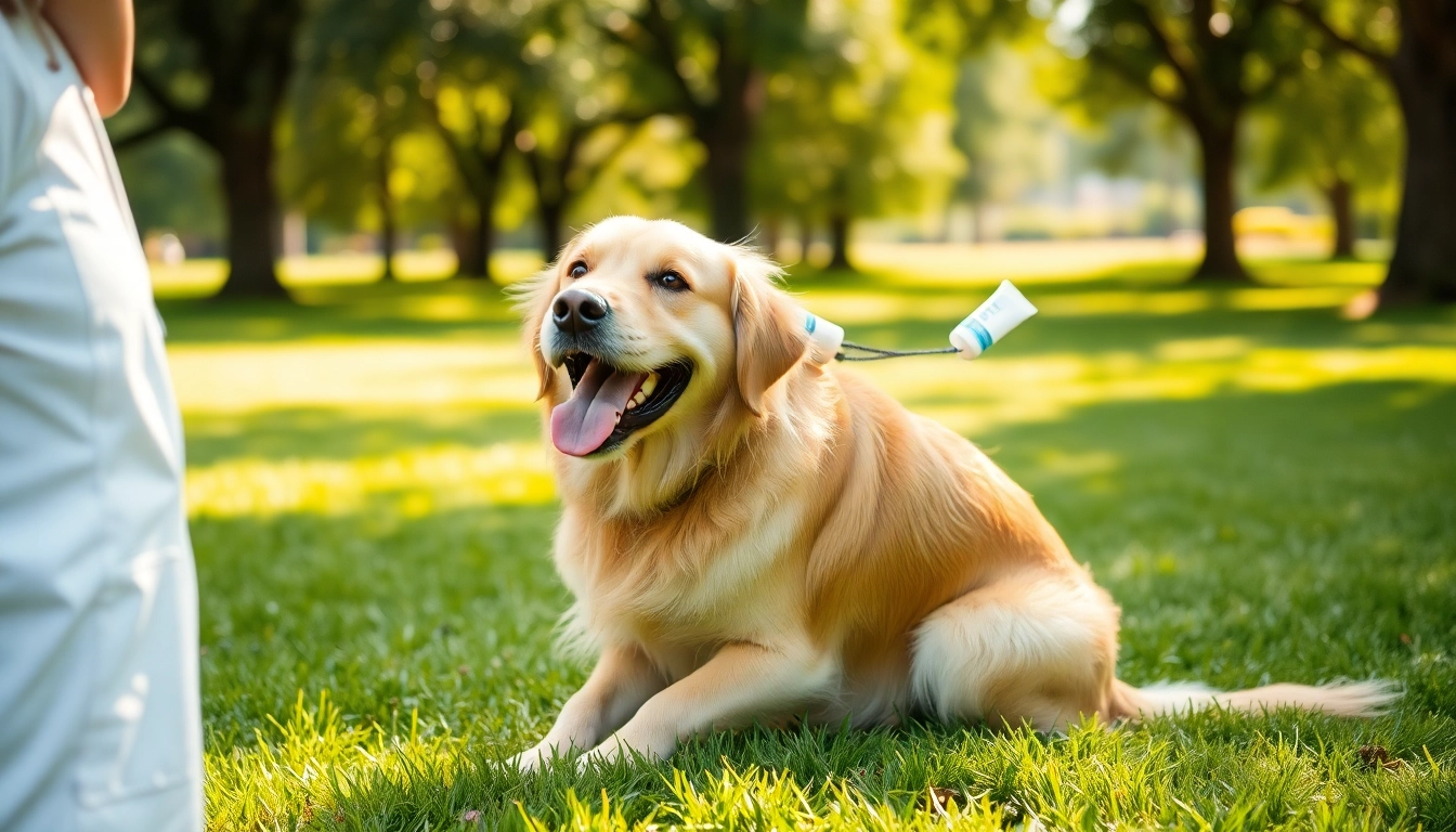 Apply dmso for dogs during treatment in a sunny park setting with a playful atmosphere.
