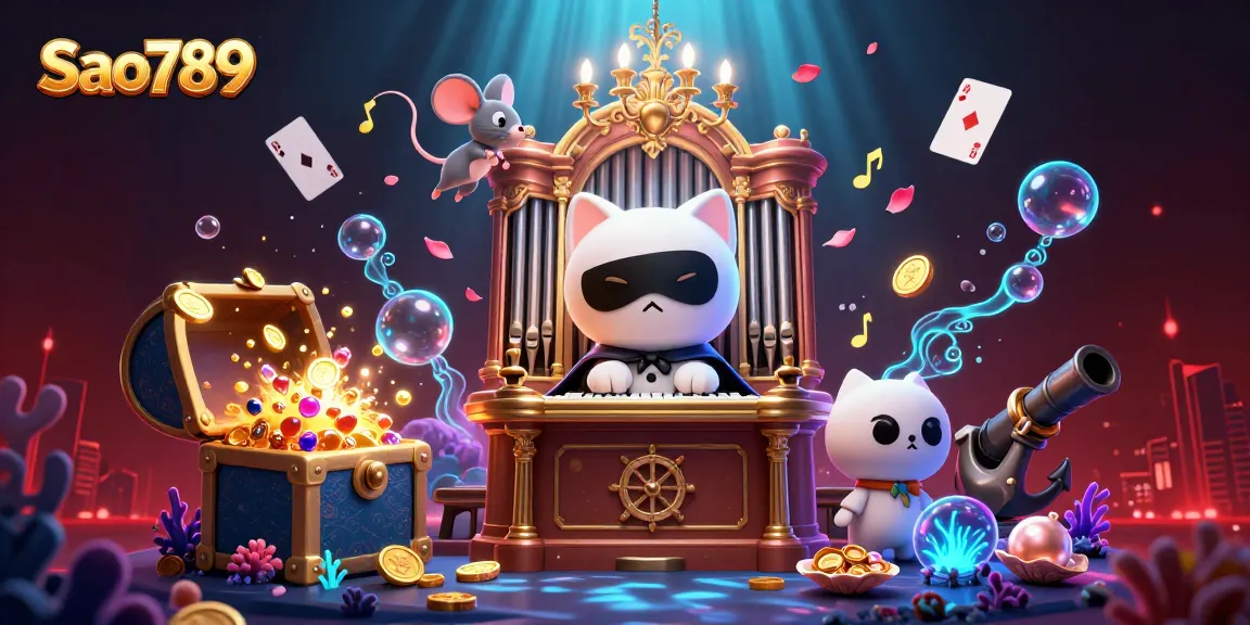 Sao789 immerses players in epic gaming with a whimsical casino-themed 3D illustration featuring a phantom cat and treasure-filled adventures.