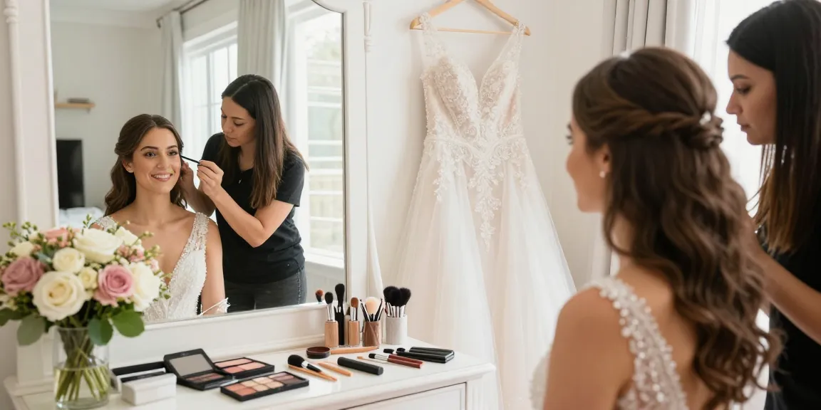 Trucco sposa eseguito da un artista del make-up in una stanza luminosa, con decorazioni eleganti e fiori freschi.