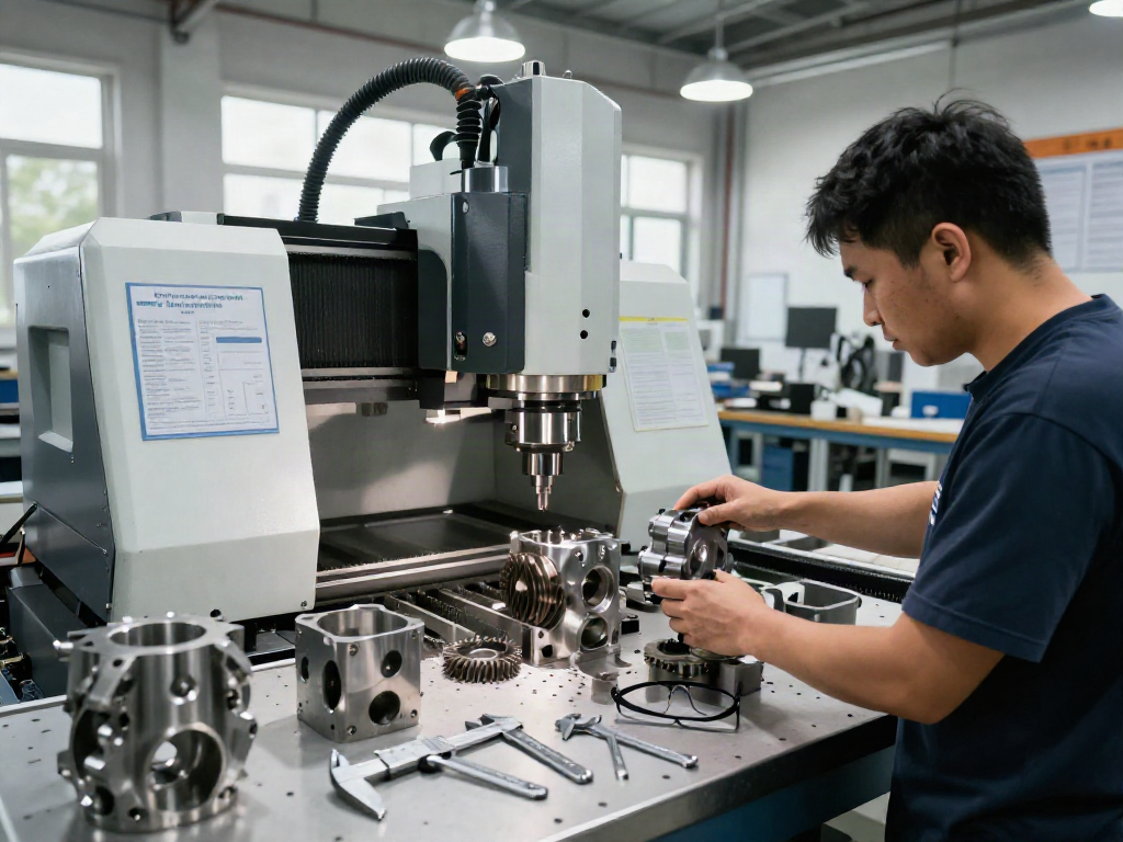 CNC machining parts manufacturer showcasing skilled technician fabricating intricate metal components in a modern workshop