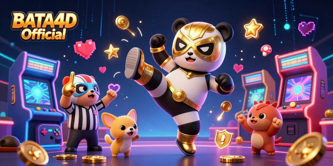 BATA4D Official showcases an exciting online casino scene with a panda wrestler kicking, surrounded by vibrant gaming elements.
