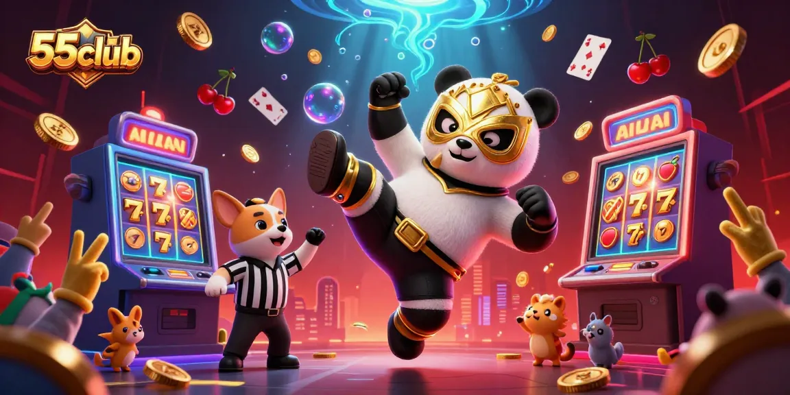 Experience the excitement of 55club with a dynamic illustration of a panda wrestler in a casino scene.