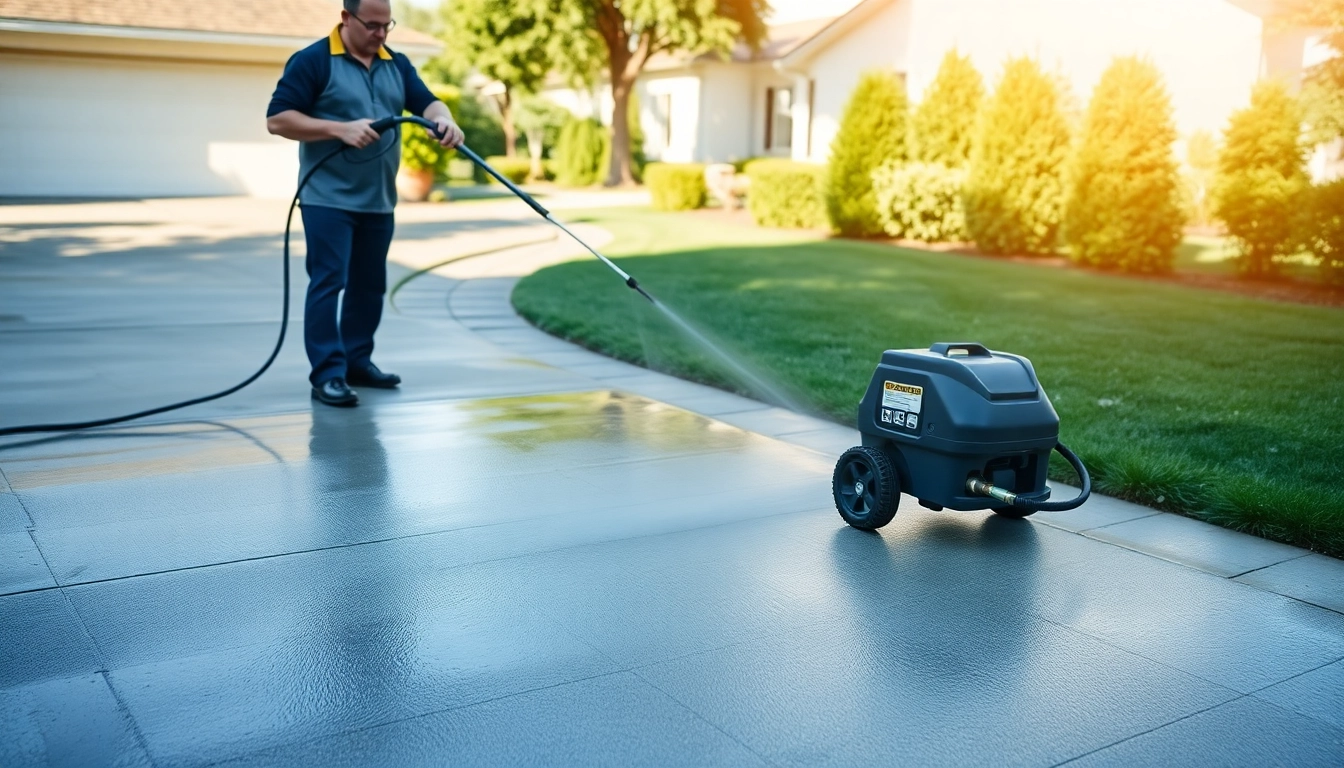 Driveway cleaning technician revitalizing a concrete driveway with a pressure washer.