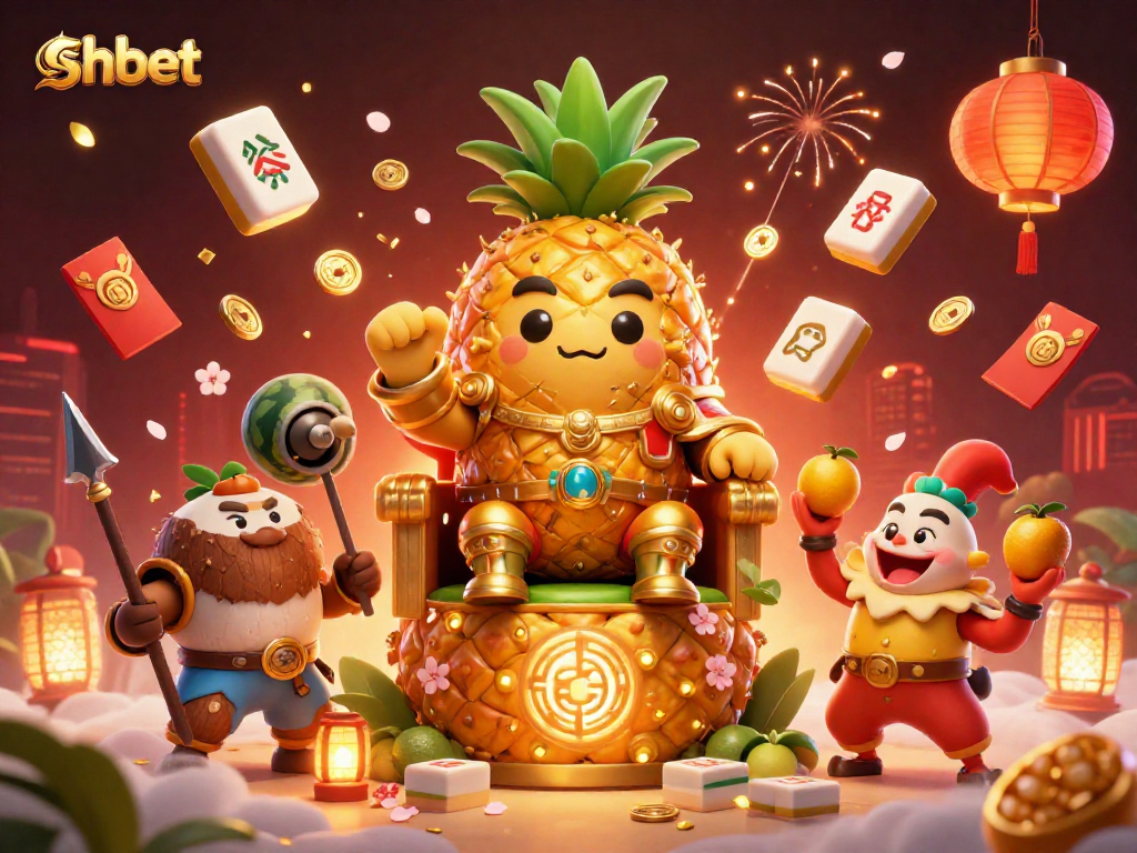 Engage with the thrilling world of shbet casino games featuring a golden pineapple king, tropical elements, and vibrant decorations.