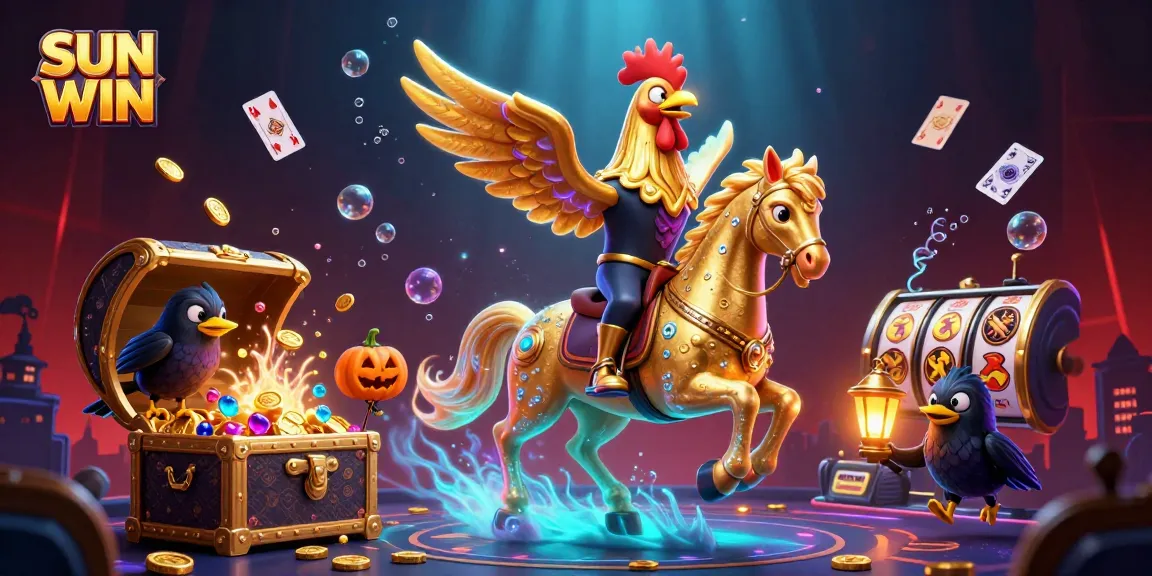 SUN WIN lights up a colorful casino scene with a golden rooster and floating slot reels.