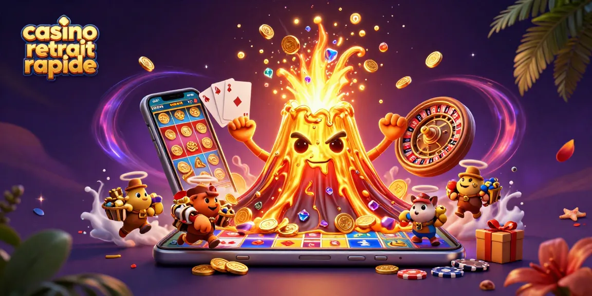 Un volcan en or triomphant délivrant des pièces, représentant un casino retrait rapide en pleine action.