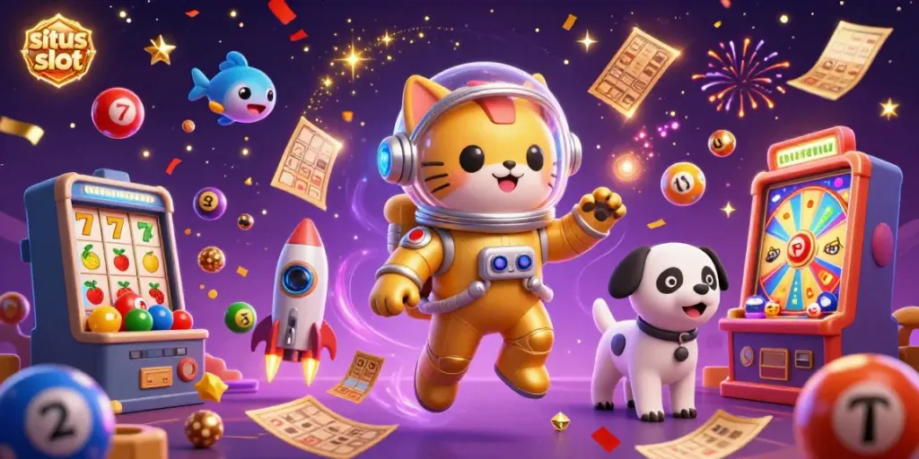 Menangkan permainan di situs slot dengan slot reel berwarna-warni dan karakter menarik dalam ilustrasi 3D.