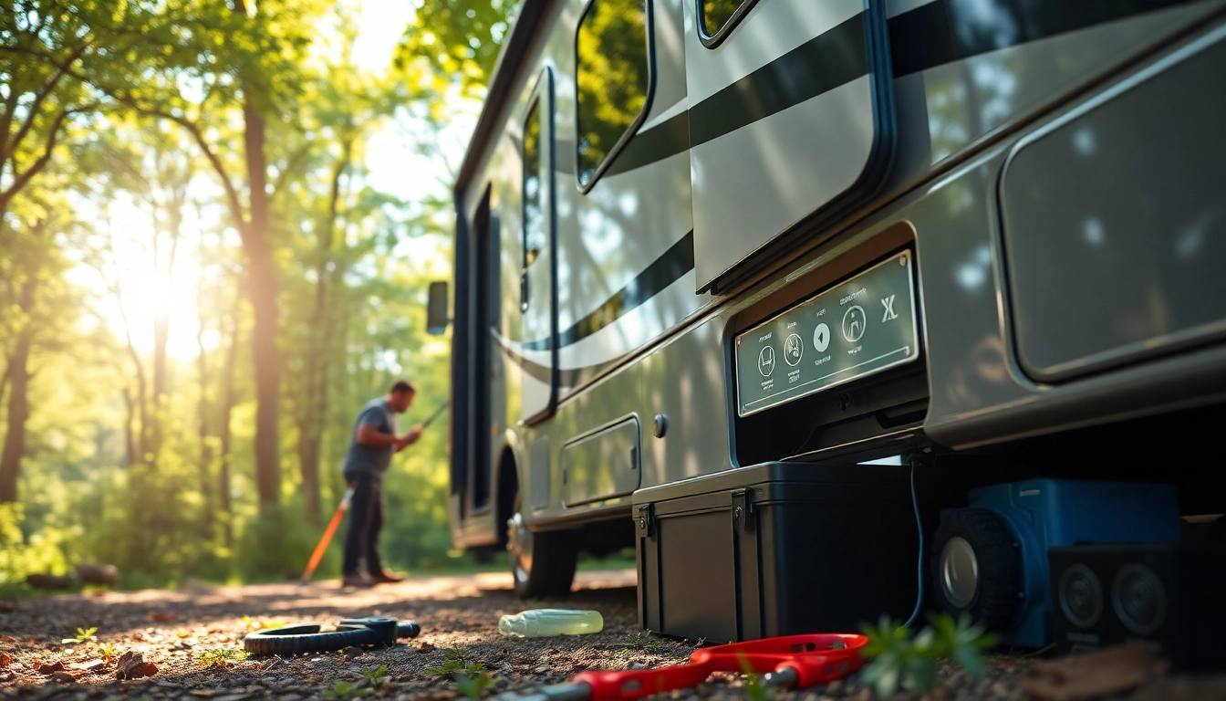 Installing lithium RV batteries in a modern RV surrounded by a lush forest setting.