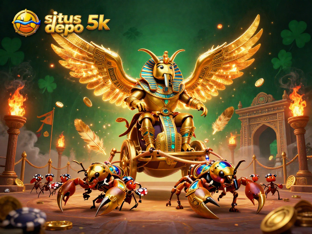 Bet on situs depo 5k with a stunning arena scene featuring a golden scarab, jewel scorpions, and poker chip action.