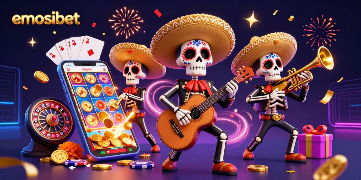 Experience dynamic gaming with emosibet as mariachi characters celebrate with slot games and gold coins.