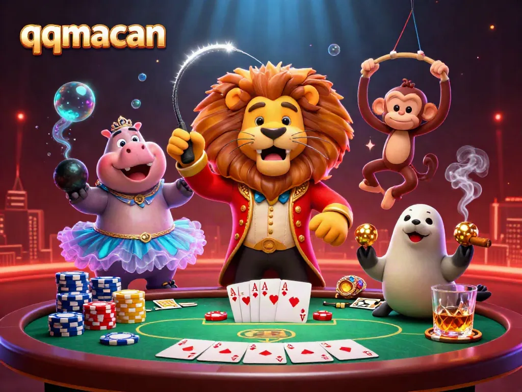 A vibrant 3D illustration depicting qqmacan theme with a ringmaster lion, hippo, monkey, and seal amidst poker elements.