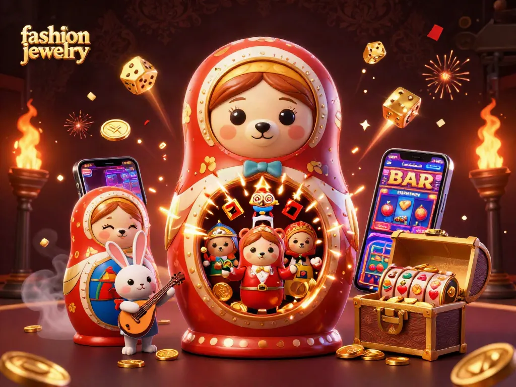 Engage with fashion jewelry showcased among dynamic slot machine scenes filled with prizes and excitement.