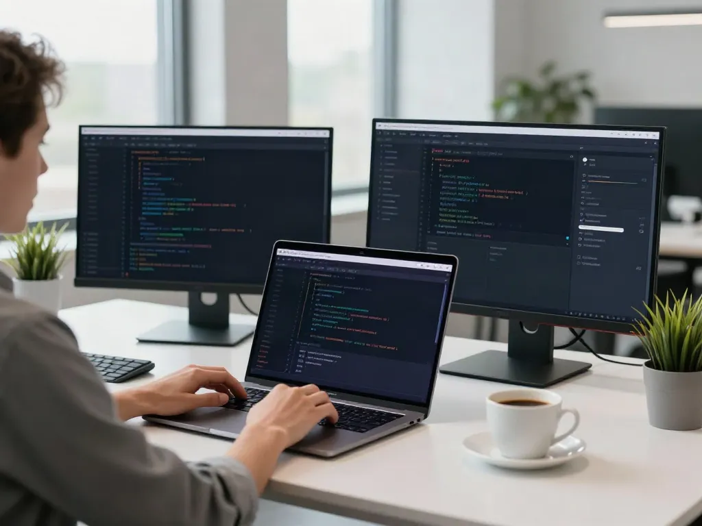 Professional using Brave browser in a modern tech workspace with dual monitors.