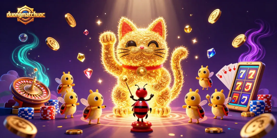 Experience the vibrant world of duongmatchuoc with dynamic casino symbols and lucky cat illustration.