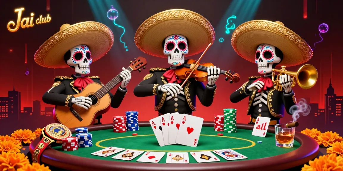 Engage in the vibrant Jai club gaming experience with colorful mariachi skeletons and a dynamic poker setup.