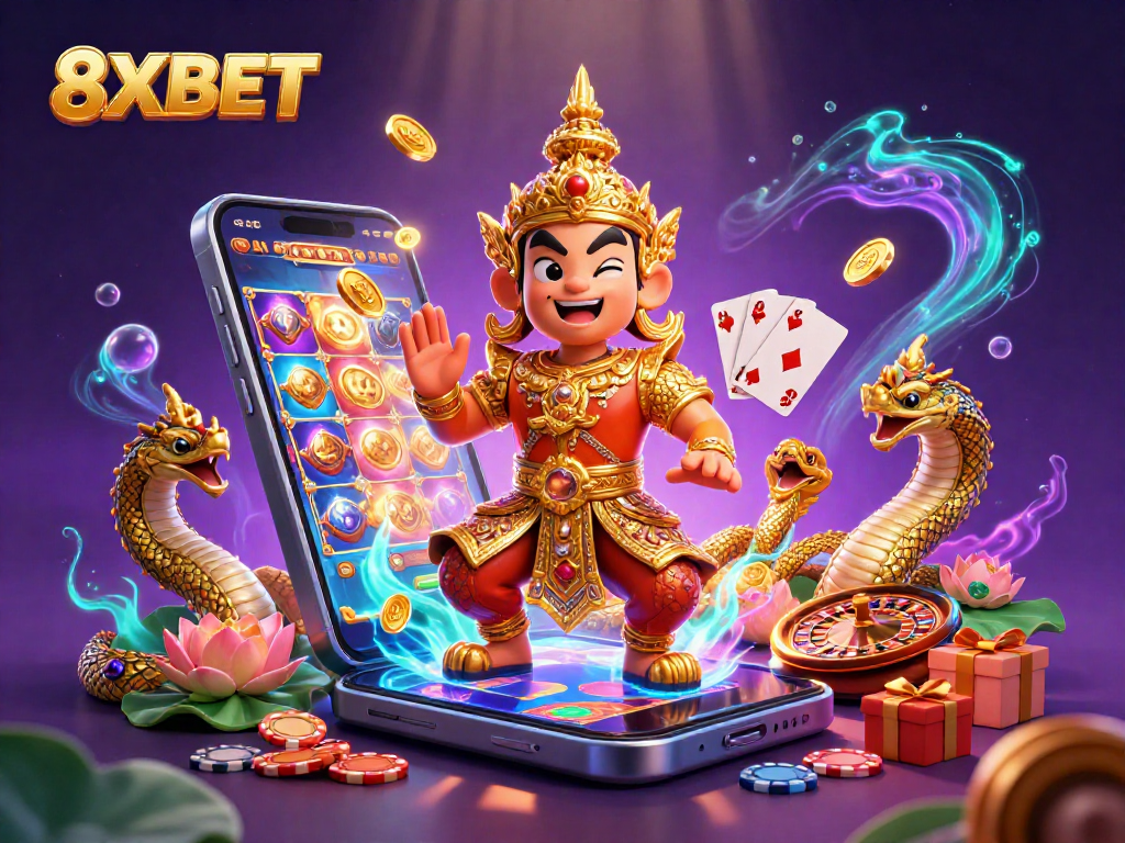 Engage with 8XBET's vibrant gaming illustration featuring dynamic characters and casino elements.