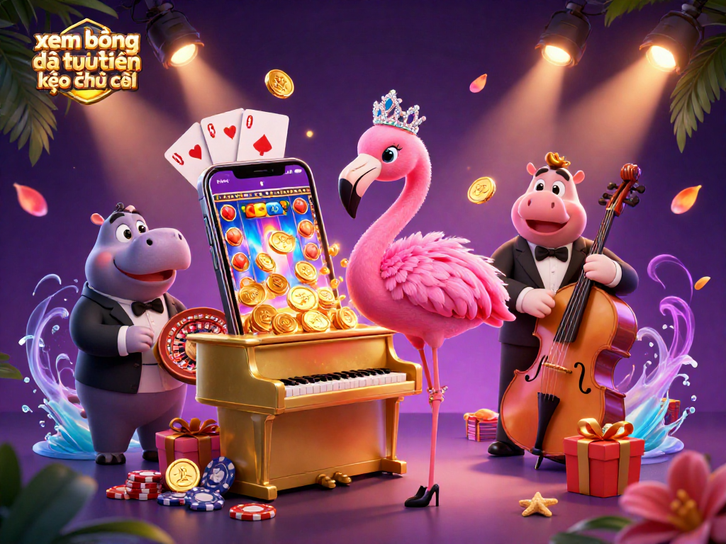 Xem bóng đá trực tuyến kèo nhà cái featuring a flamingo singer and hippo bassist in a dynamic casino scene.