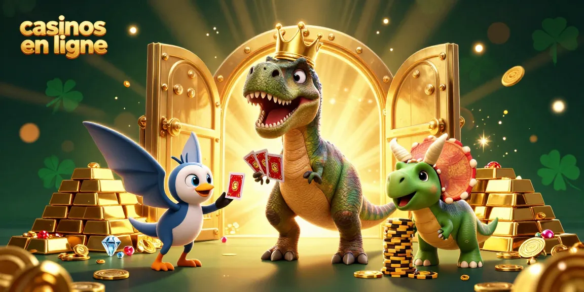 Casinos en ligne : une illustration 3D colorée d'un T-Rex jouant aux cartes entouré de trésors.