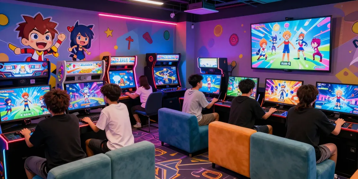 Players enjoying femboy porn games in a lively gaming arcade environment.