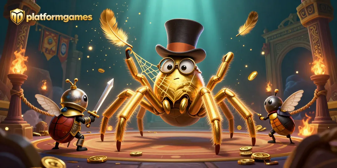 Engage with platformgames as the giant tarantula spins golden webs amidst thrilling casino excitement.