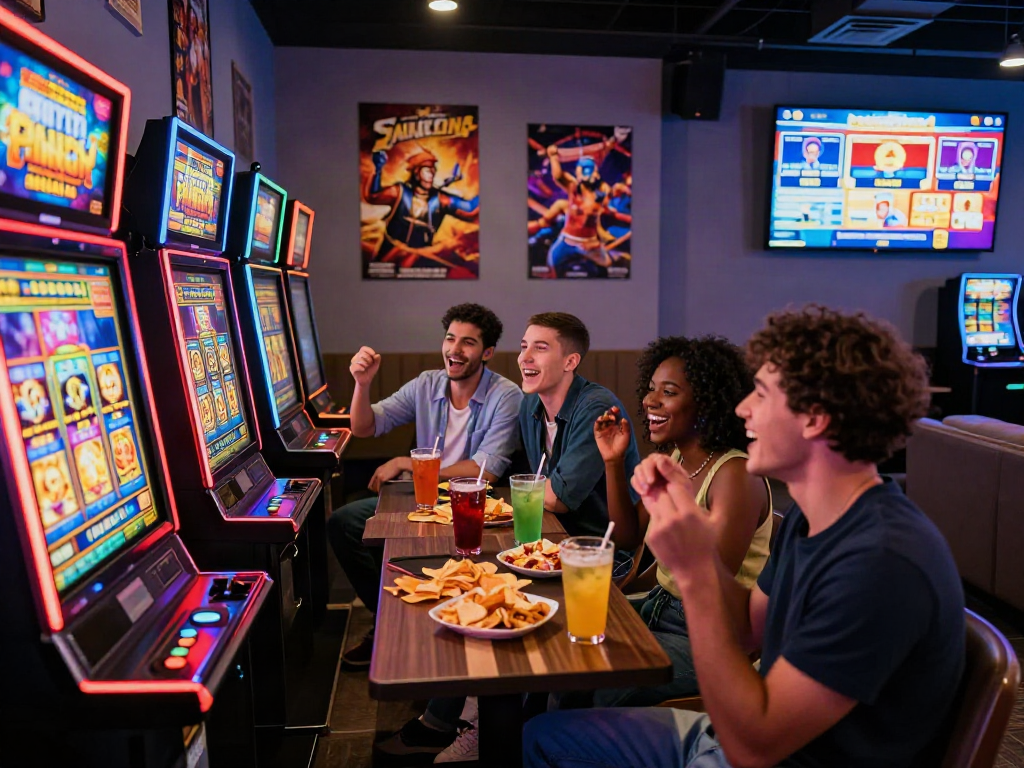 Friends enjoying slot gacor malam ini at a vibrant gaming lounge