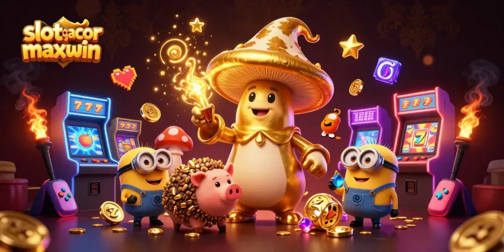 Memenangkan slot gacor maxwin dengan slot reels emas dan karakter kartun menarik dalam kasino yang magis.