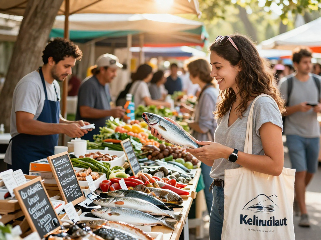 Shopper exploring kelincilaut fish products at a vibrant outdoor market, showcasing fresh seafood and community spirit.
