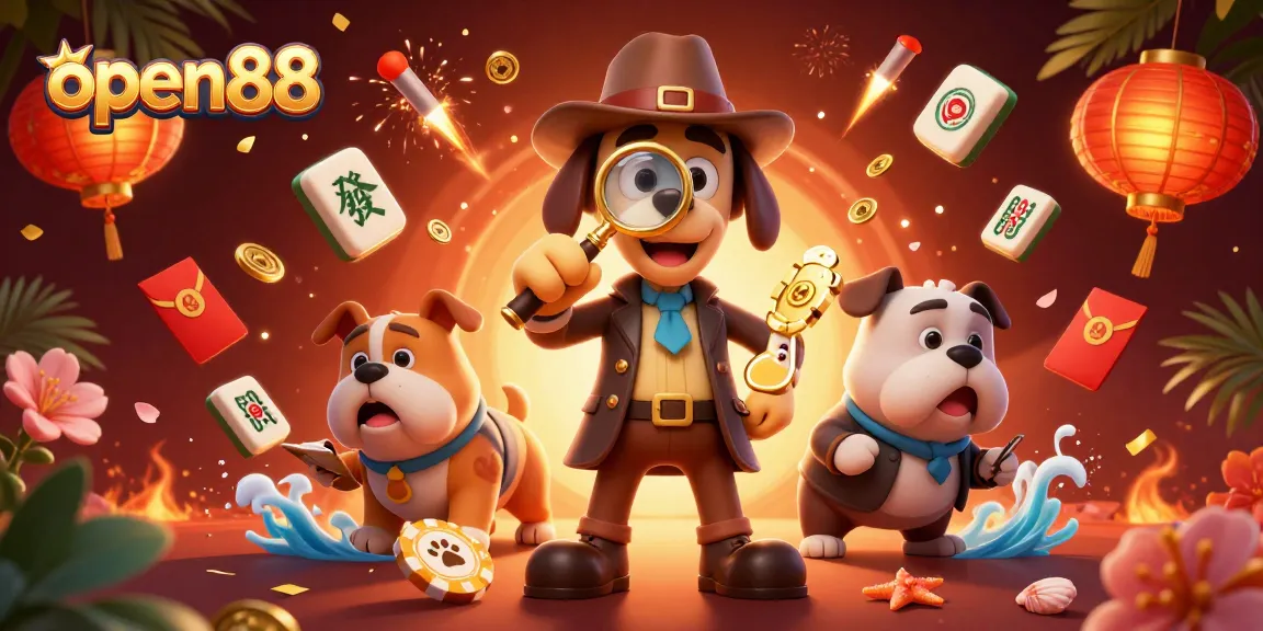 Play at open88 with engaging characters like a detective and bulldog amid casino elements.