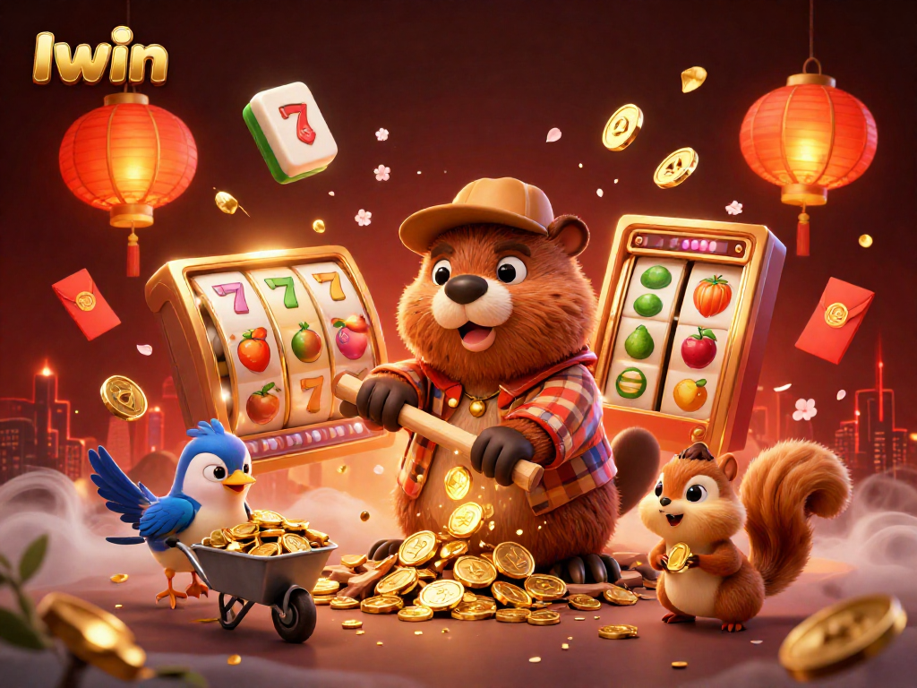 Iwin presents an energetic casino scene with cartoon characters engaging with slot reels and golden coins.