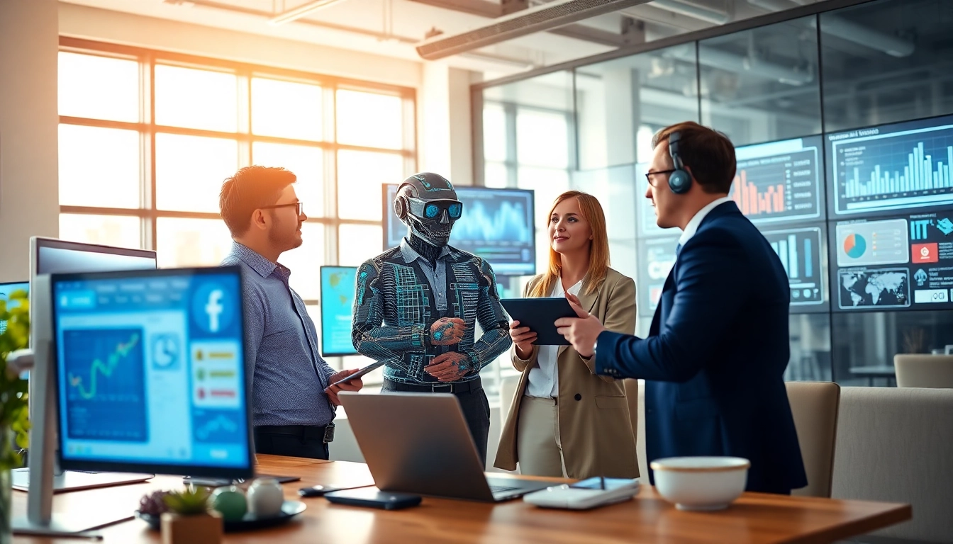 AI agents collaborating in a modern office, showcasing innovative software tools.