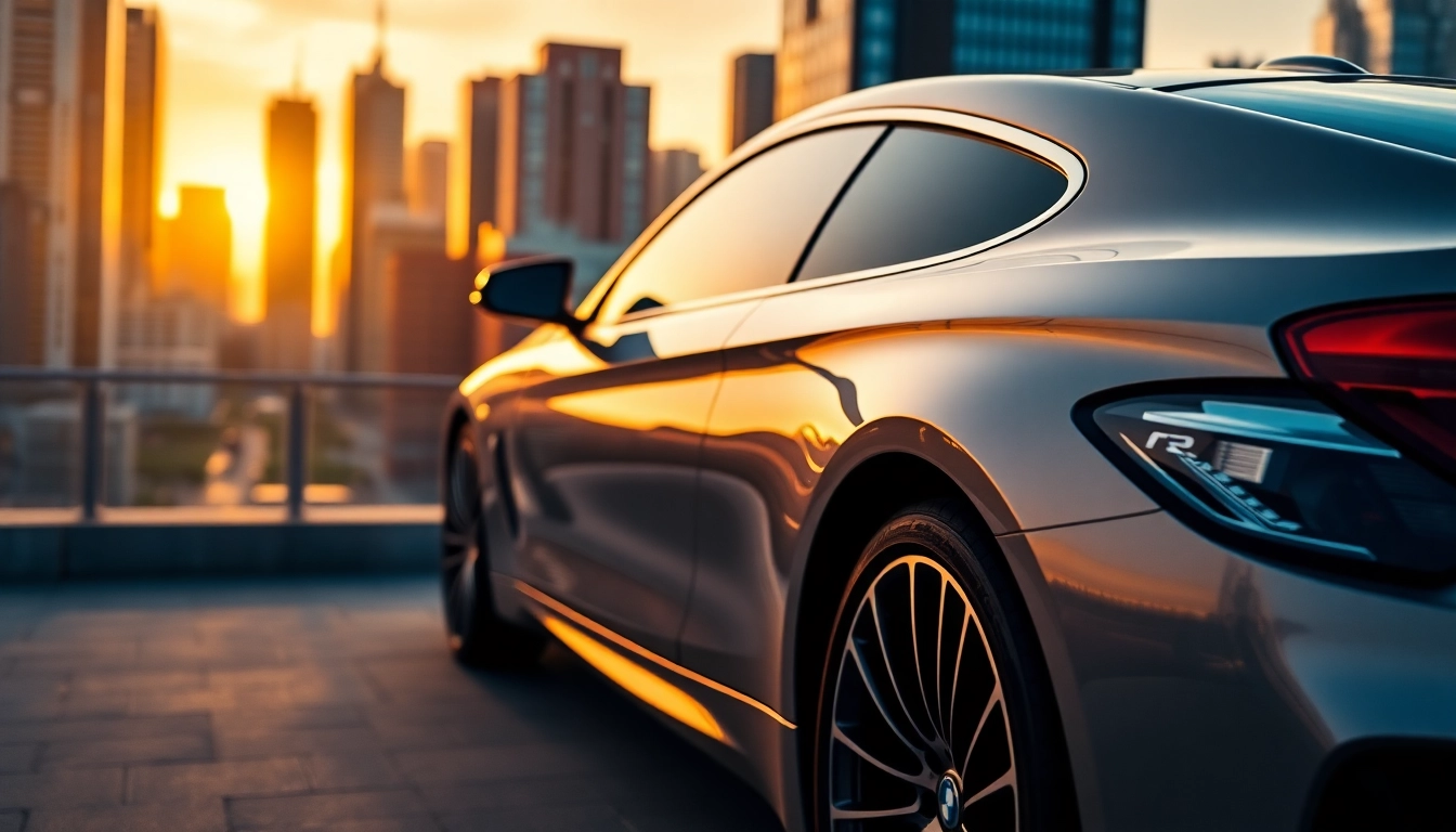 Luxury BMW car exuding elegance parked against an urban skyline at sunset.