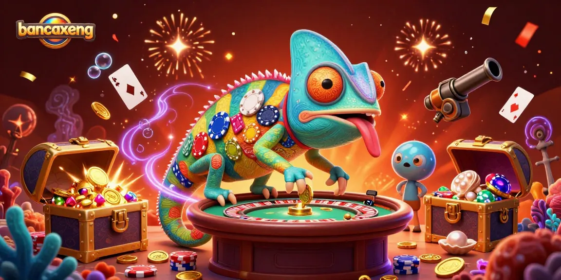 bancaxeng fish shooting game scene with a colorful chameleon casino owner and underwater elements.