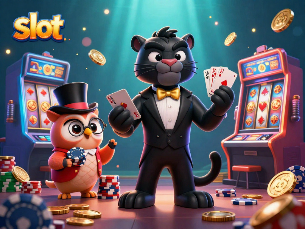 Spin the slot reels in this vibrant 3D casino scene featuring stylish characters and rich detail.