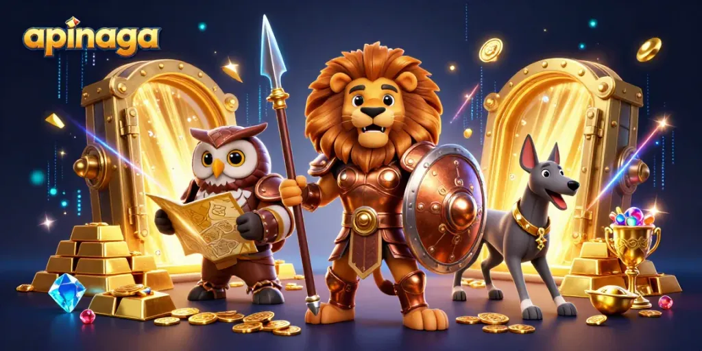 Engage in thrilling gameplay at apinaga with a vibrant casino-themed illustration showcasing rich gold and gems.