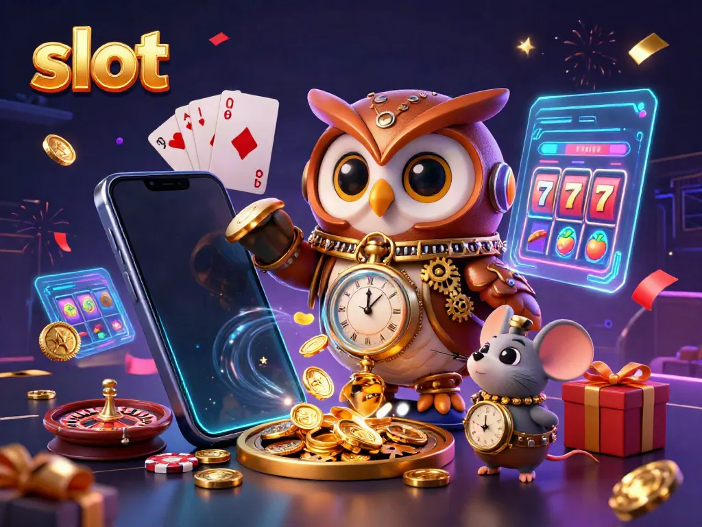 Memutar slot dengan owl petualang waktu dan mouse, dikelilingi permainan kasino ceria.