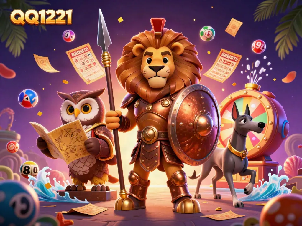 Experience thrilling QQ1221 gameplay with vibrant characters and dynamic prizes in an engaging casino illustration.
