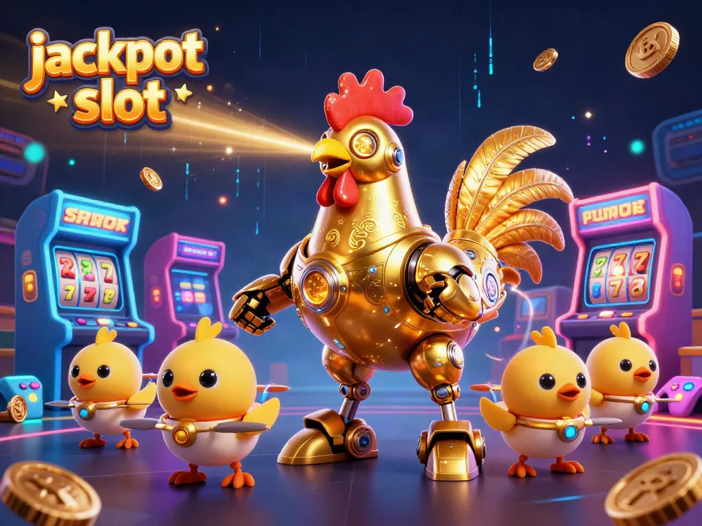 Engage with jackpot slots as a golden rooster robot shoots lasers, surrounded by vibrant arcade game elements.