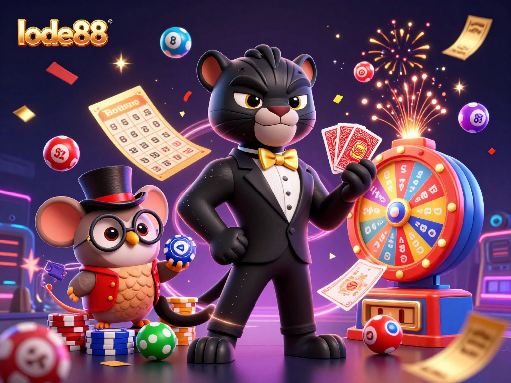 Engage with lode88's vibrant casino scene featuring dynamic characters, lottery elements, and festive visuals.