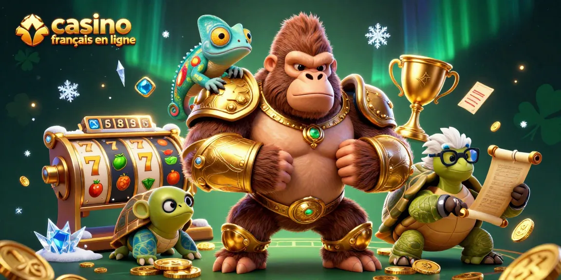 Casino français en ligne : illustration dynamique avec gorille en armure et jeux de machines à sous.