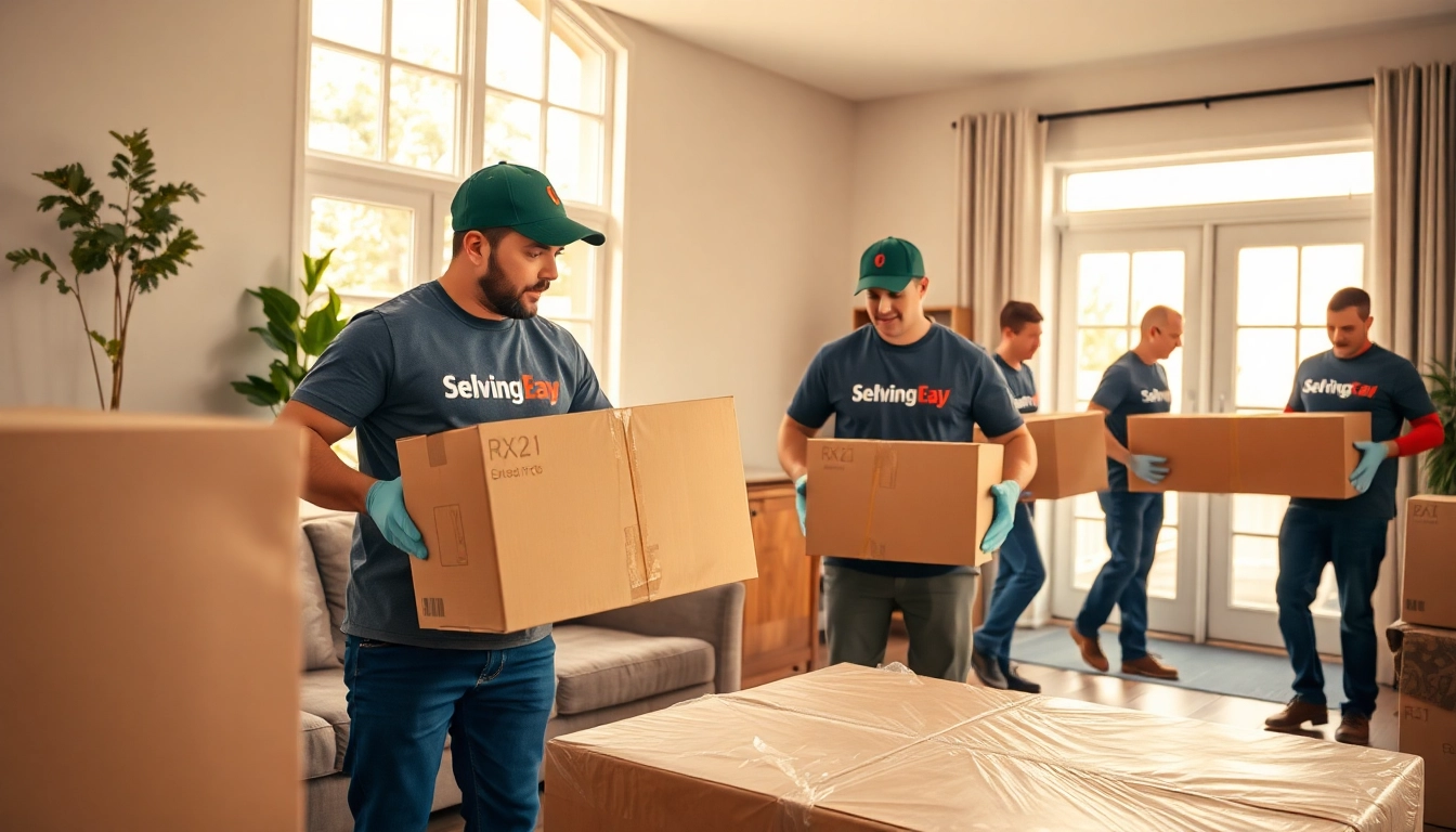 Efficient team providing Residential Moving Services while packing items in a bright living room.