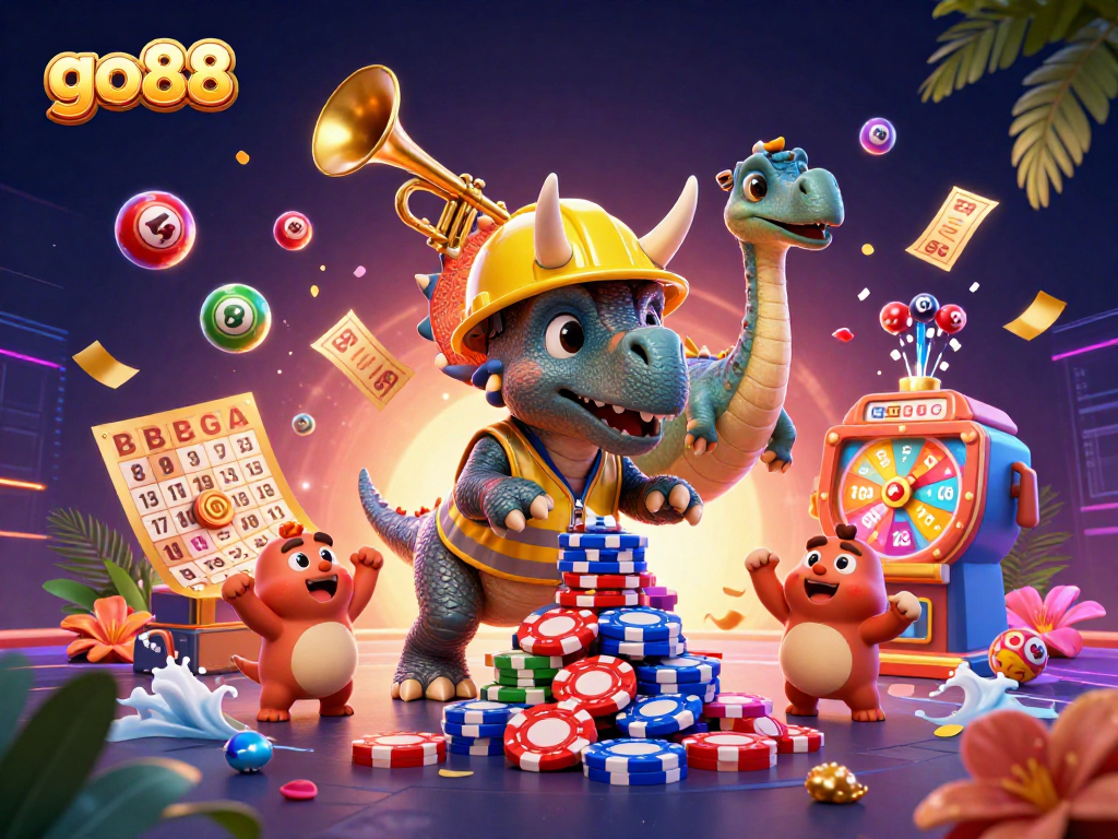 Experience winning fun at go88 with a lively casino scene featuring playful dinosaurs and vibrant gaming elements.