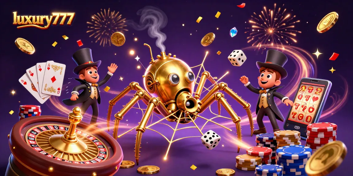 Engage with luxury777's thrilling e-gaming world featuring animated elements of dice, poker chips, and golden delights.