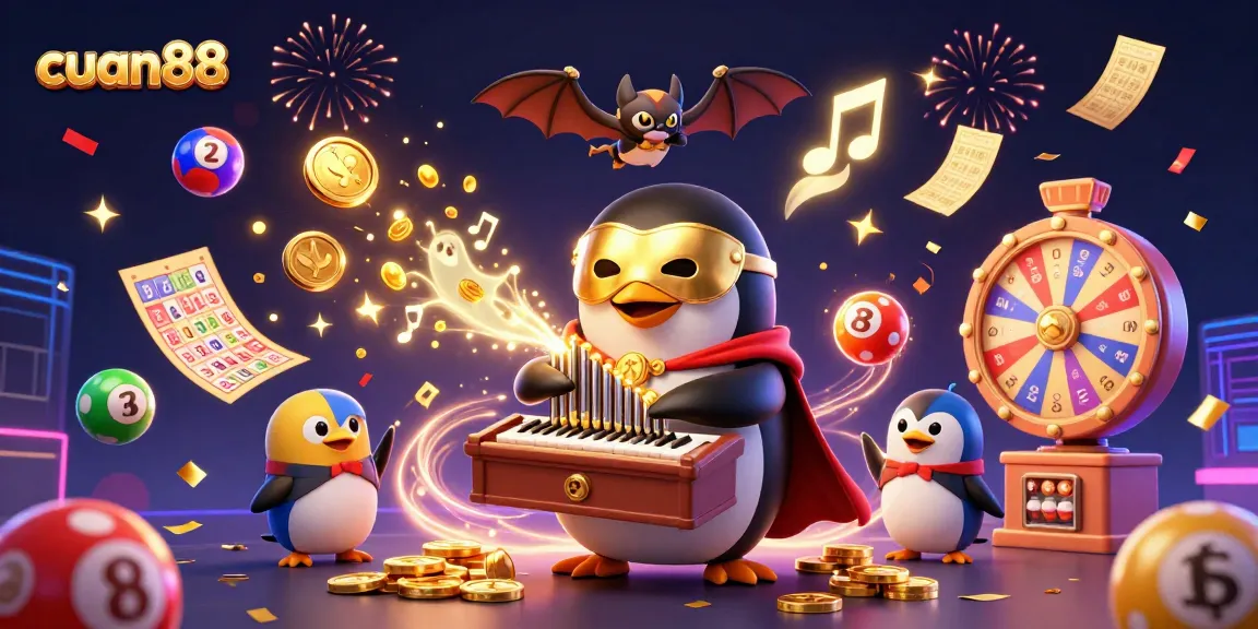 Cuan88 brings excitement as a phantom penguin plays a pipe organ shooting golden coins in a vibrant casino scene.